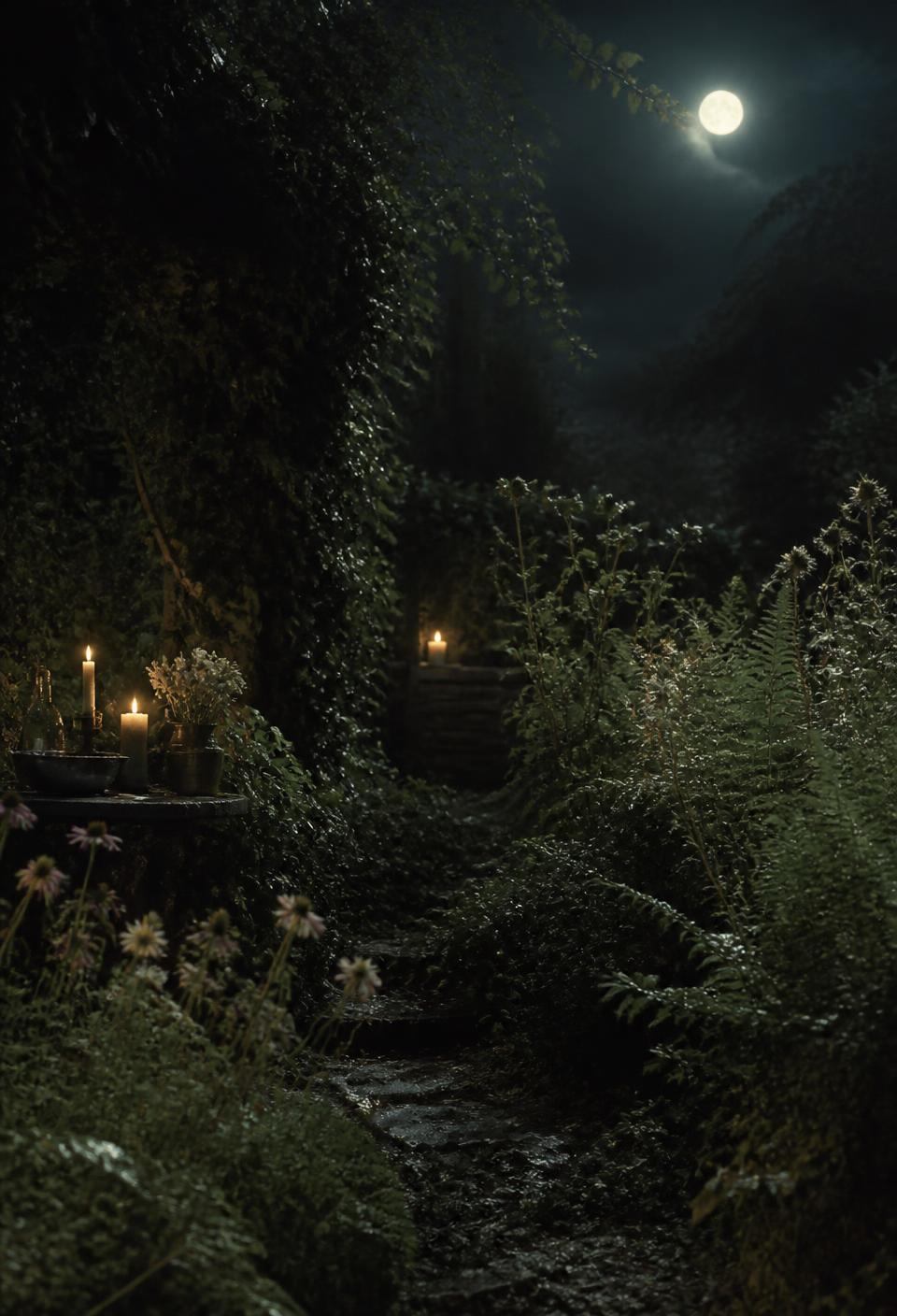 A moonlit witch garden of ferns, wildflowers, and candlelight